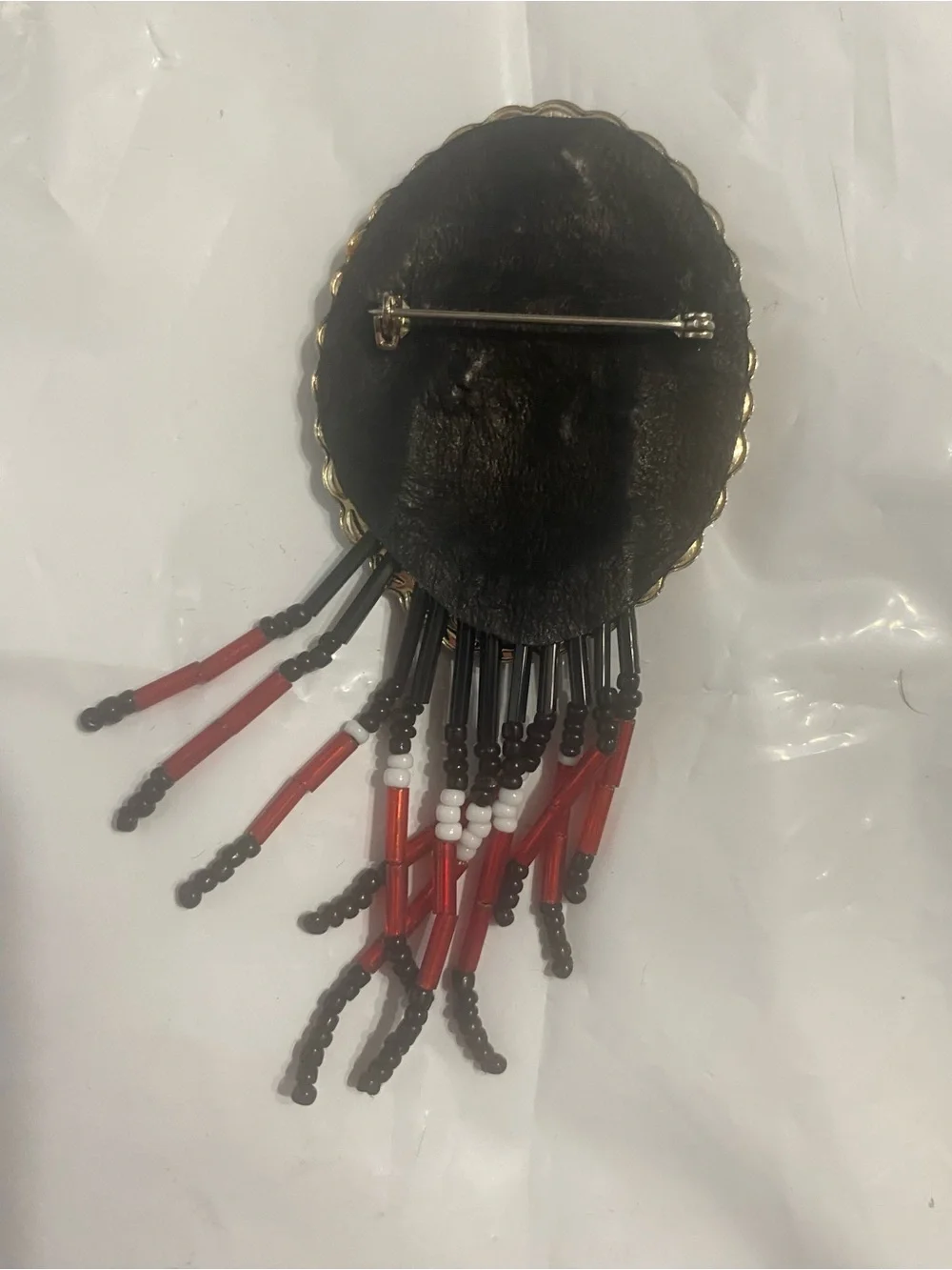 Silver-Tone Beaded Fringe Brooch with Red & Black Accents